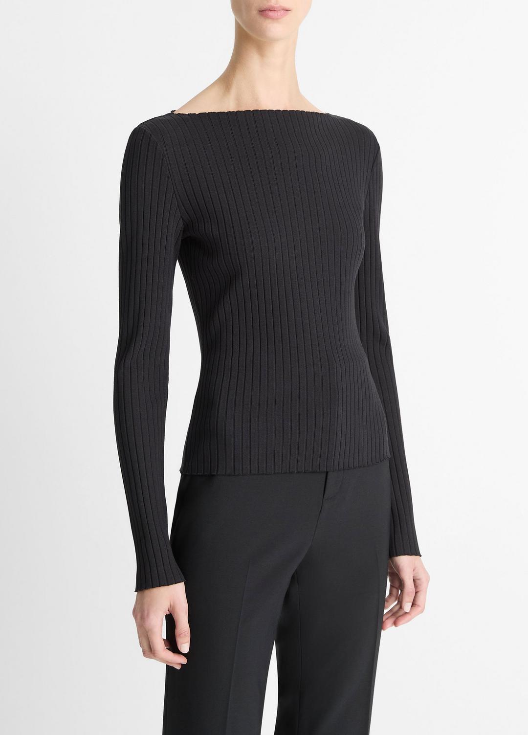 Ribbed Cotton-Blend Slash-Neck Long-Sleeve Top in Long Sleeve BLACK | VINCE Women