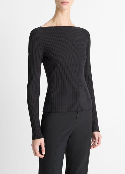 Ribbed Cotton-Blend Slash-Neck Long-Sleeve Top in Long Sleeve BLACK | VINCE Women