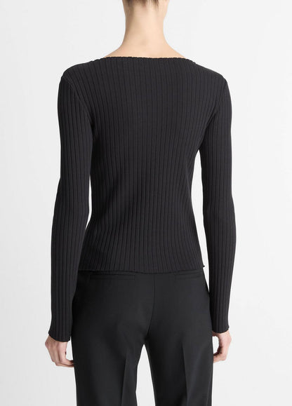 Ribbed Cotton-Blend Slash-Neck Long-Sleeve Top in Long Sleeve BLACK | VINCE Women