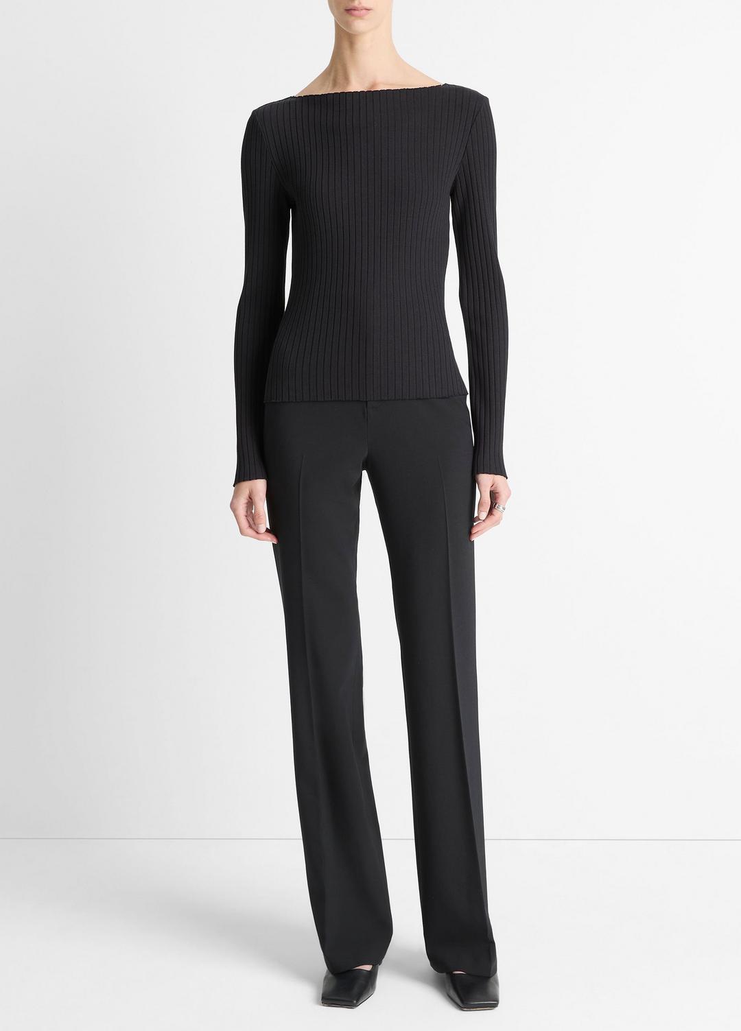 Ribbed Cotton-Blend Slash-Neck Long-Sleeve Top in Long Sleeve BLACK | VINCE Women
