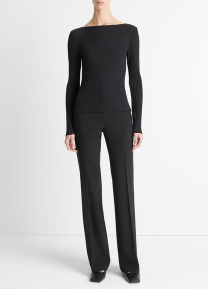 Ribbed Cotton-Blend Slash-Neck Long-Sleeve Top in Long Sleeve BLACK | VINCE Women