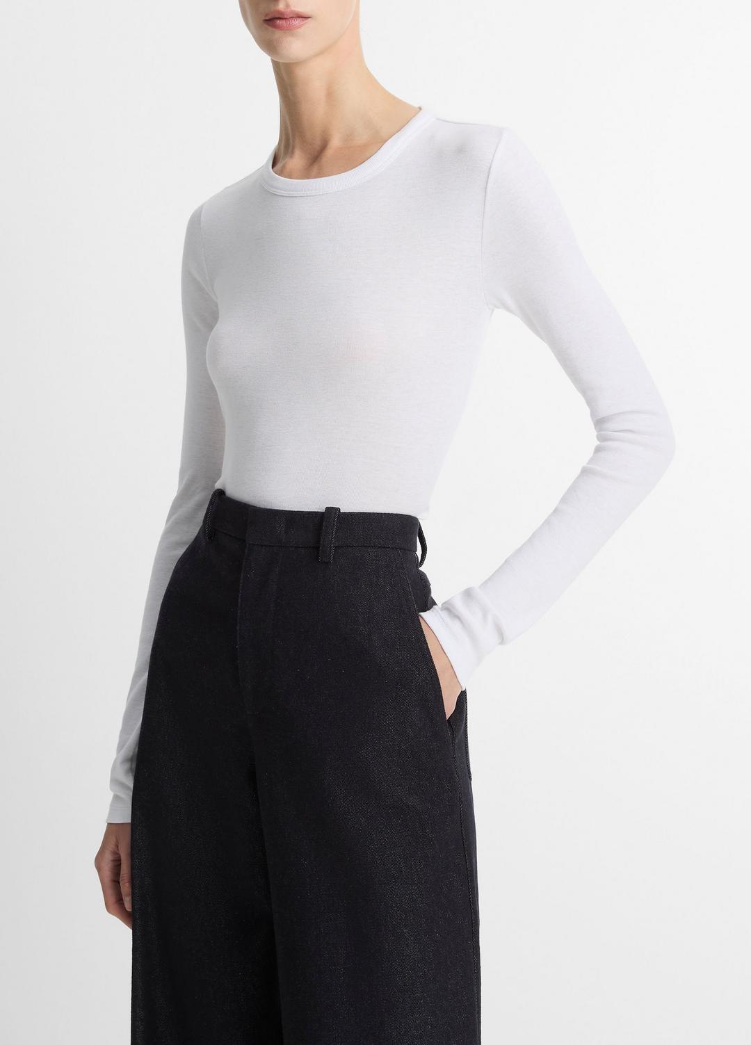 Essential Pima Cotton-Blend Long-Sleeve T-Shirt in Long Sleeve OPTIC WHITE | VINCE Women