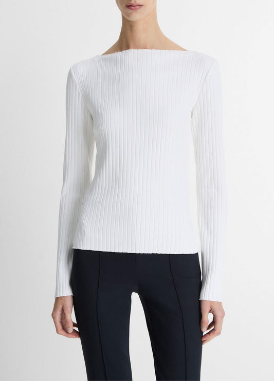 Ribbed Cotton-Blend Slash-Neck Long-Sleeve Top in Long Sleeve OFF WHITE | VINCE Women