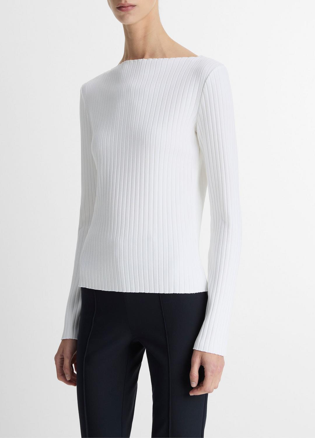 Ribbed Cotton-Blend Slash-Neck Long-Sleeve Top in Long Sleeve OFF WHITE | VINCE Women