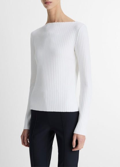 Ribbed Cotton-Blend Slash-Neck Long-Sleeve Top in Long Sleeve OFF WHITE | VINCE Women