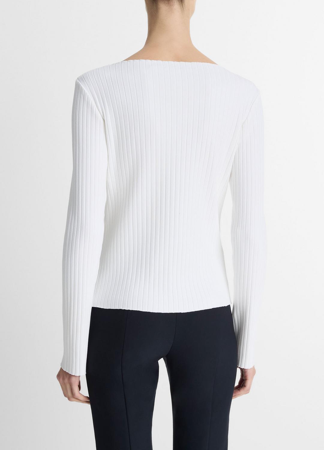 Ribbed Cotton-Blend Slash-Neck Long-Sleeve Top in Long Sleeve OFF WHITE | VINCE Women