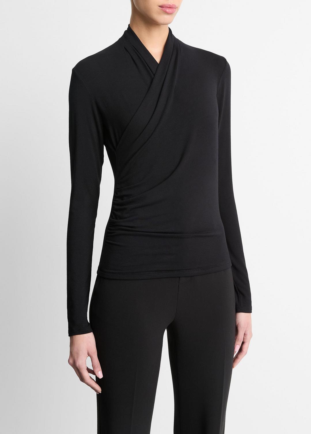 Fixed Wrap Long-Sleeve Top in Long Sleeve BLACK | VINCE Women