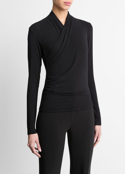 Fixed Wrap Long-Sleeve Top in Long Sleeve BLACK | VINCE Women