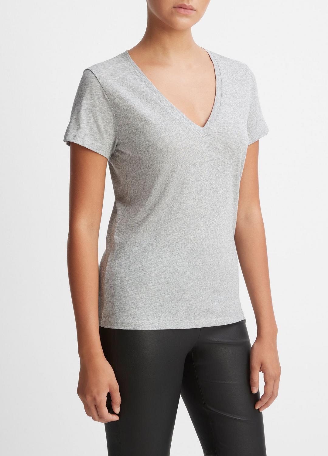 Essential Pima Cotton V-Neck T-Shirt in Short Sleeve HEATHER GREY | VINCE Women