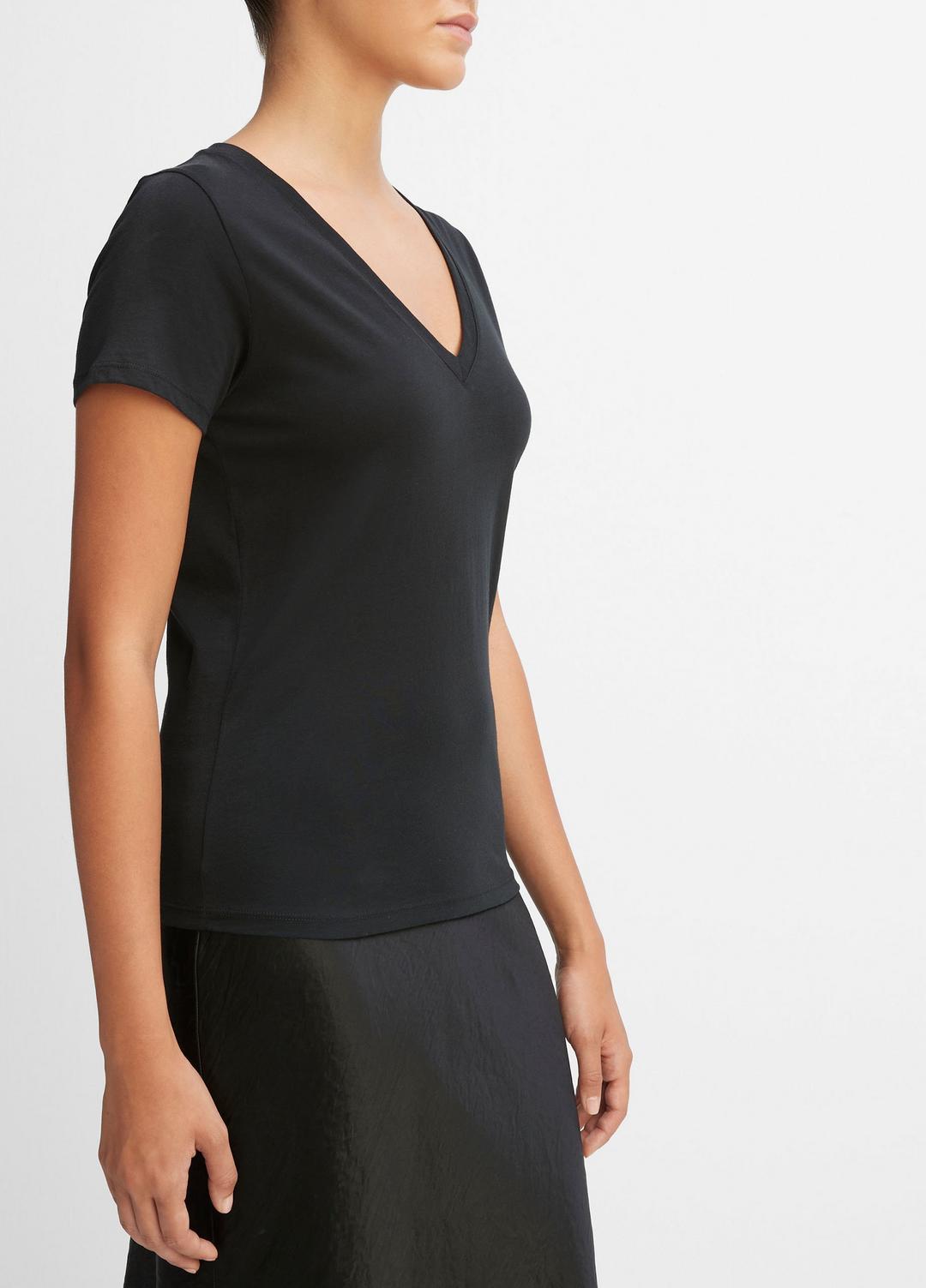 Essential Pima Cotton V-Neck T-Shirt in Short Sleeve BLACK | VINCE Women