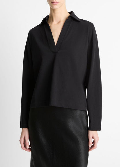 Easy Pima Cotton Long-Sleeve Polo Shirt in Long Sleeve BLACK | VINCE Women