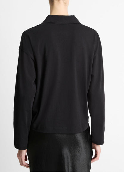 Easy Pima Cotton Long-Sleeve Polo Shirt in Long Sleeve BLACK | VINCE Women