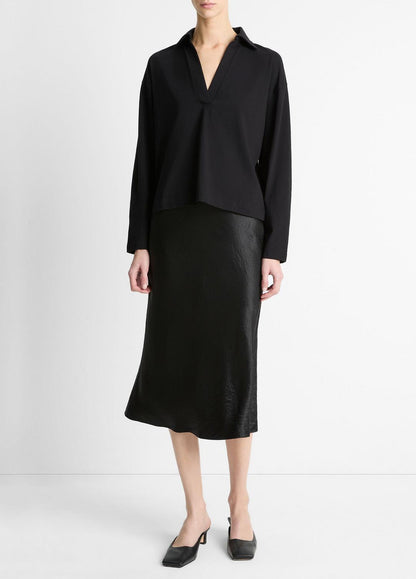 Easy Pima Cotton Long-Sleeve Polo Shirt in Long Sleeve BLACK | VINCE Women