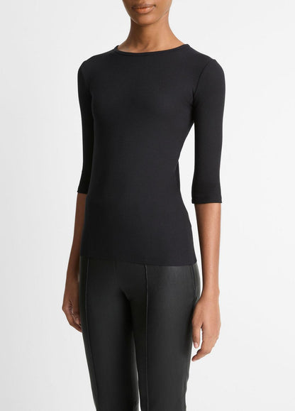 Elbow-Sleeve Crew Neck T-Shirt in Short Sleeve BLACK | VINCE Women