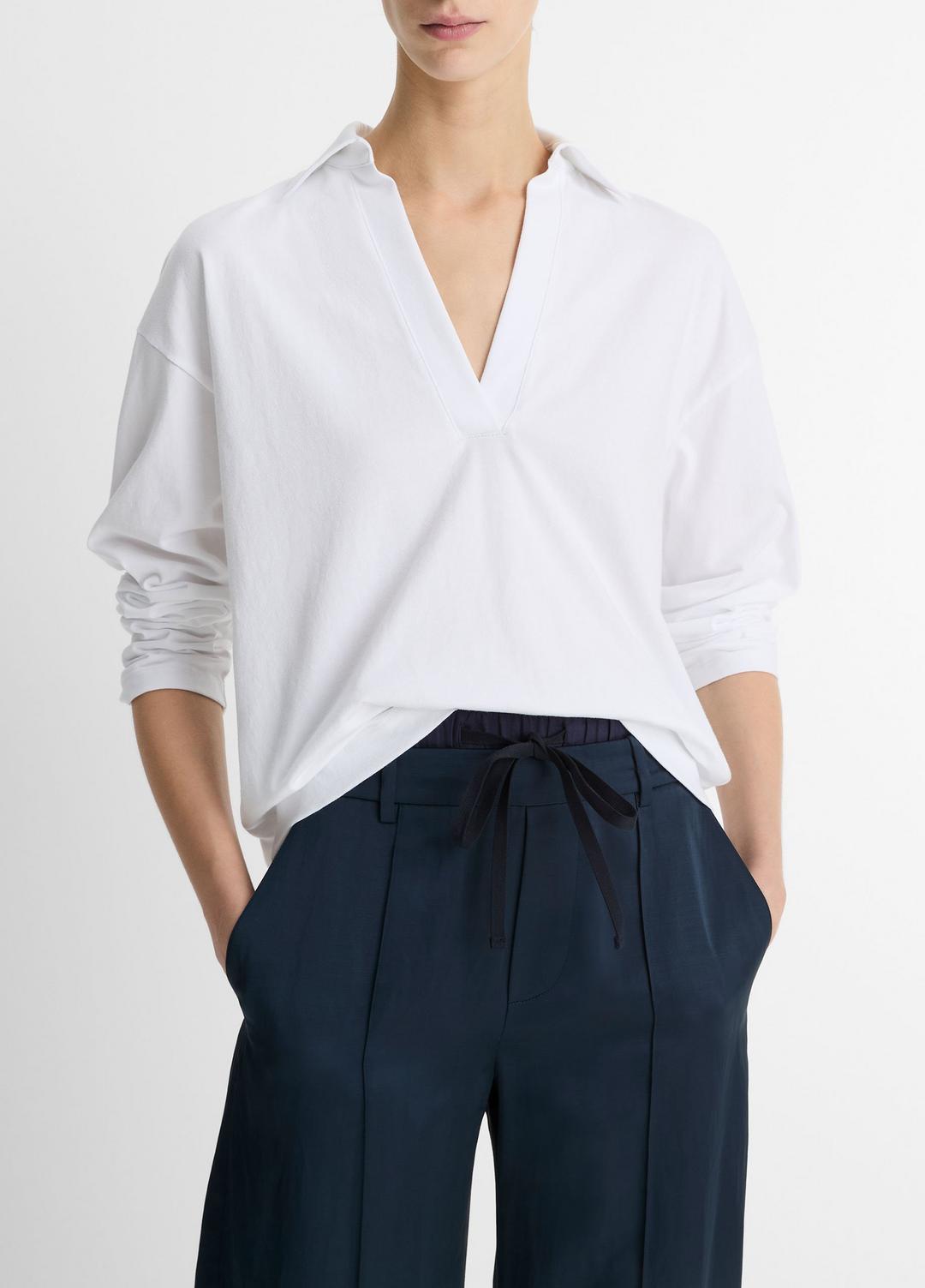 Easy Pima Cotton Long-Sleeve Polo Shirt in Long Sleeve OPTIC WHITE | VINCE Women