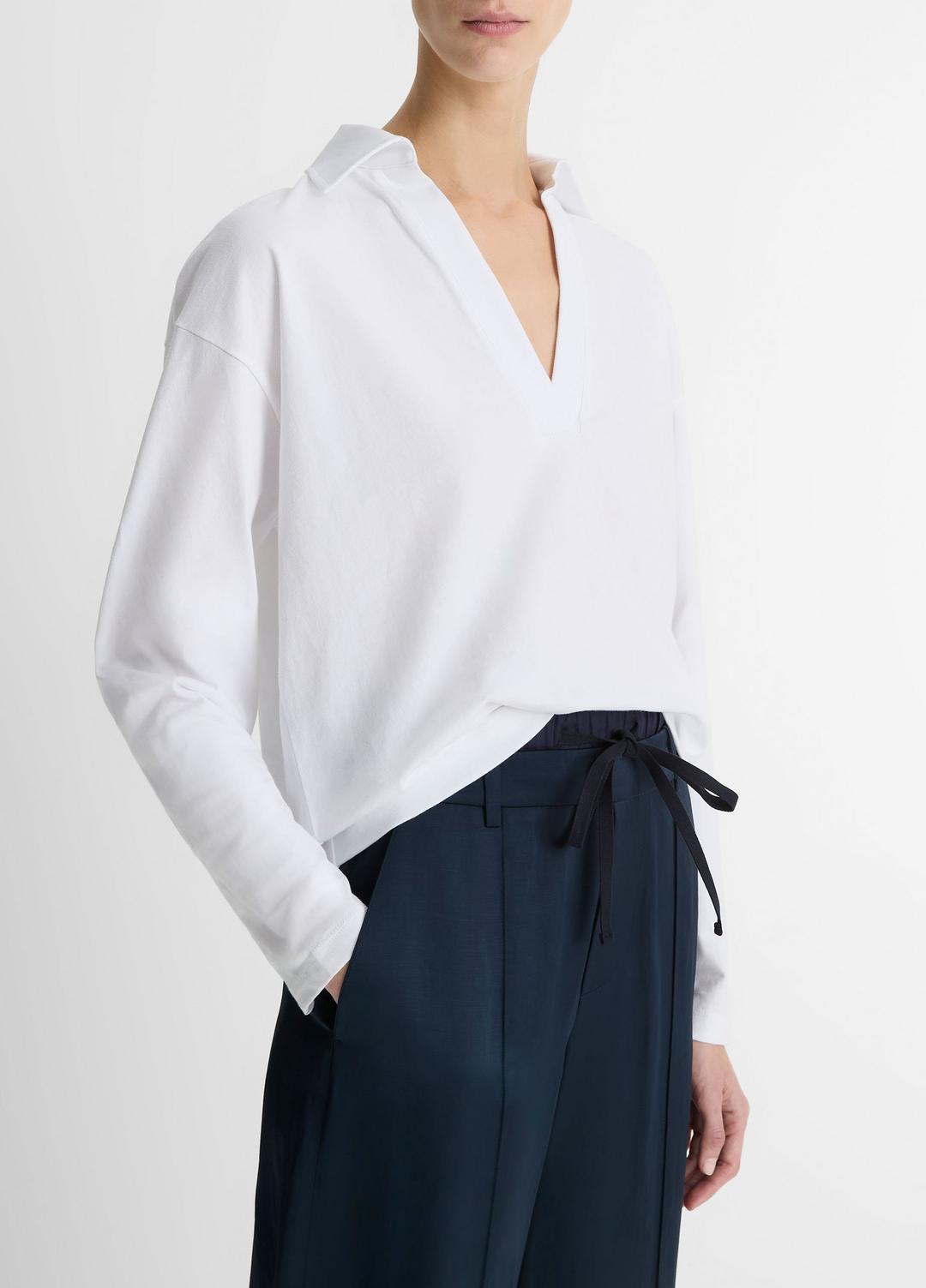 Easy Pima Cotton Long-Sleeve Polo Shirt in Long Sleeve OPTIC WHITE | VINCE Women