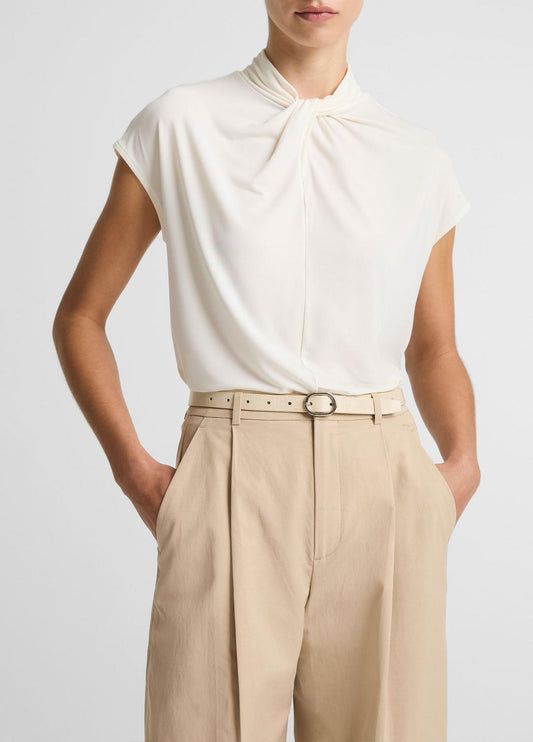 Twist-Neck Matte Jersey Cap-Sleeve Top  in Short Sleeve BONE | VINCE Women