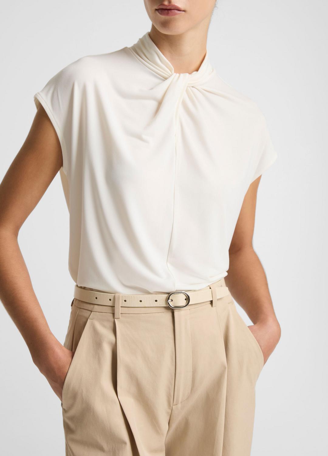 Twist-Neck Matte Jersey Cap-Sleeve Top  in Short Sleeve BONE | VINCE Women