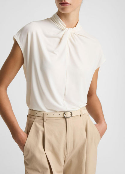 Twist-Neck Matte Jersey Cap-Sleeve Top  in Short Sleeve BONE | VINCE Women