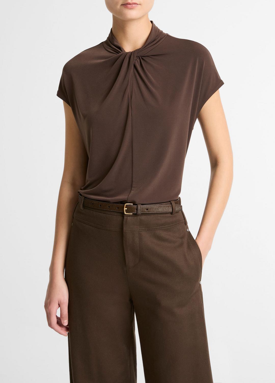 Twist-Neck Matte Jersey Cap-Sleeve Top  in Short Sleeve DARK BARK | VINCE Women