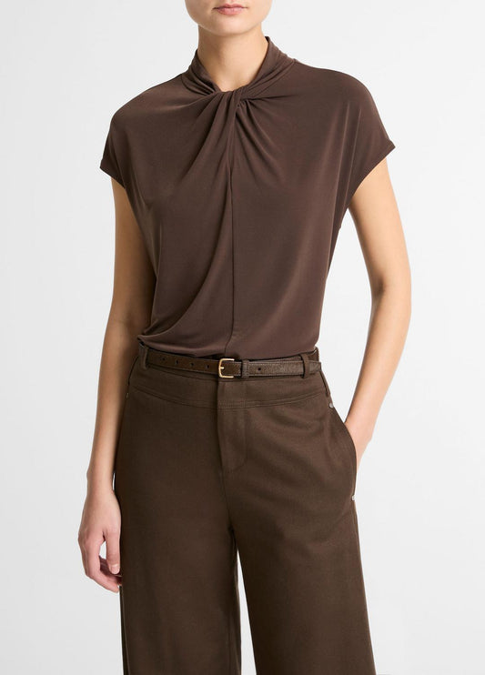 Twist-Neck Matte Jersey Cap-Sleeve Top  in Short Sleeve DARK BARK | VINCE Women