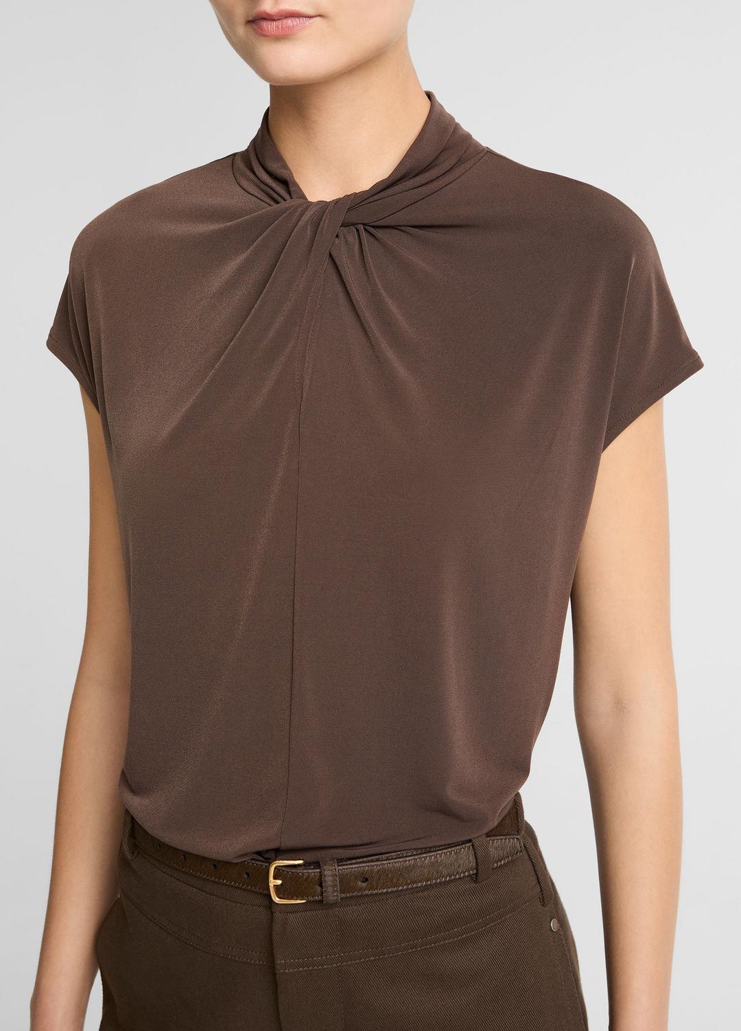Twist-Neck Matte Jersey Cap-Sleeve Top  in Short Sleeve DARK BARK | VINCE Women