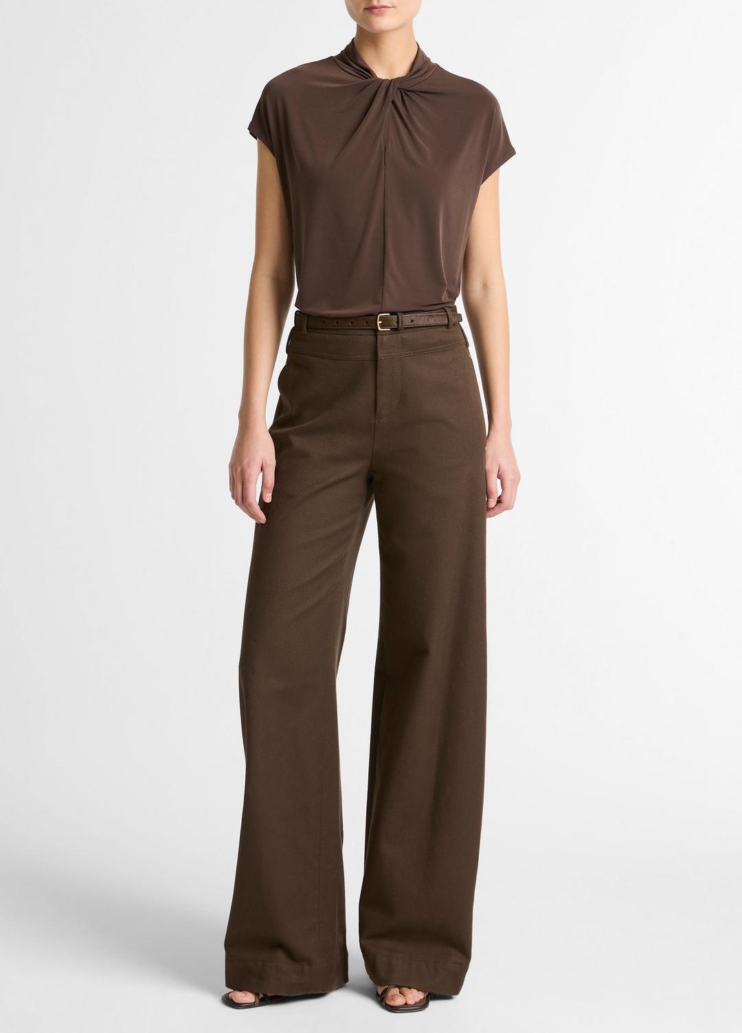 Twist-Neck Matte Jersey Cap-Sleeve Top  in Short Sleeve DARK BARK | VINCE Women