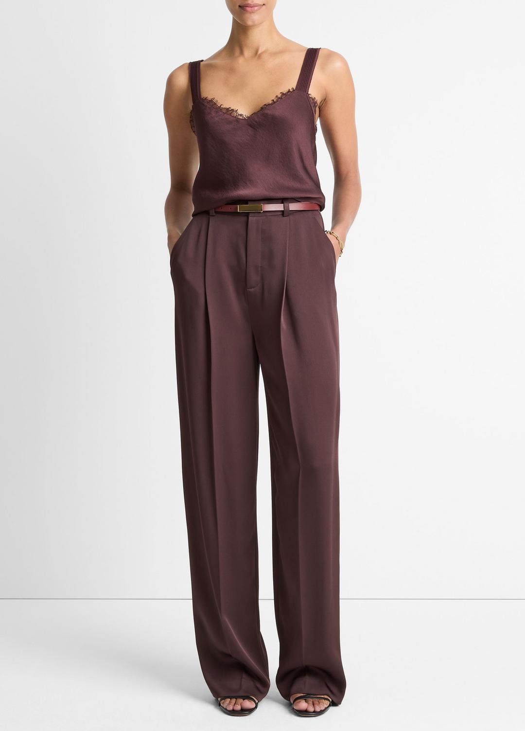 Satin Pleated Wide-Leg Trouser in Trousers DARK FIG | VINCE Women