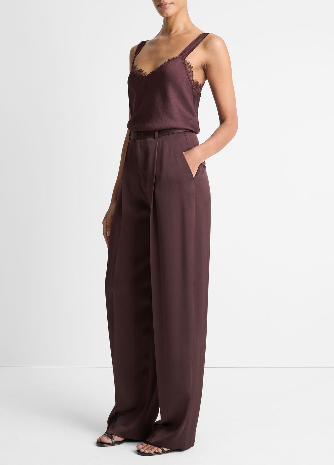 Satin Pleated Wide-Leg Trouser in Trousers DARK FIG | VINCE Women