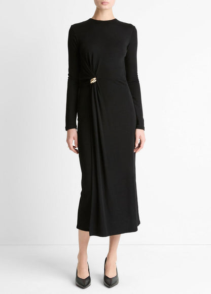 Cinched-Waist Wool-Blend Long-Sleeve Dress in Dresses BLACK | VINCE Women