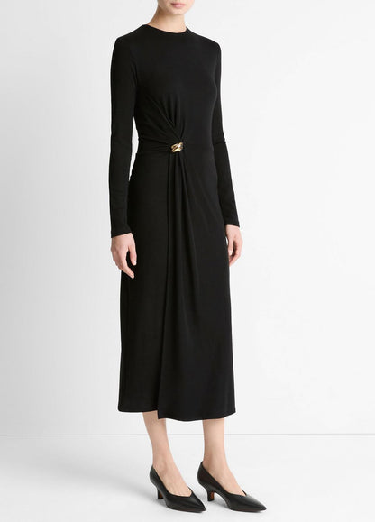 Cinched-Waist Wool-Blend Long-Sleeve Dress in Dresses BLACK | VINCE Women