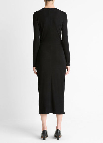 Cinched-Waist Wool-Blend Long-Sleeve Dress in Dresses BLACK | VINCE Women