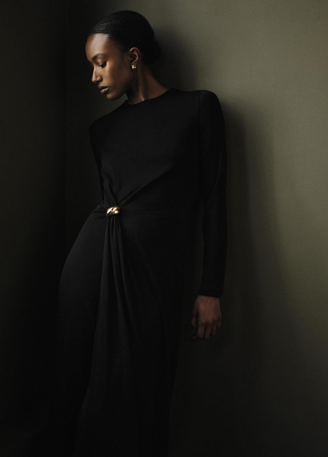 Cinched-Waist Wool-Blend Long-Sleeve Dress in Dresses BLACK | VINCE Women