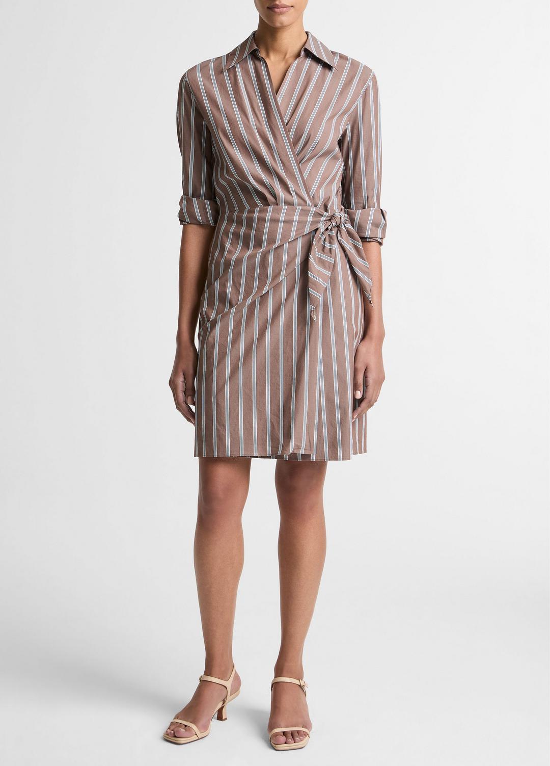 Striped Cotton-Blend Wrap Dress in Dresses BROWN MULTI | VINCE Women
