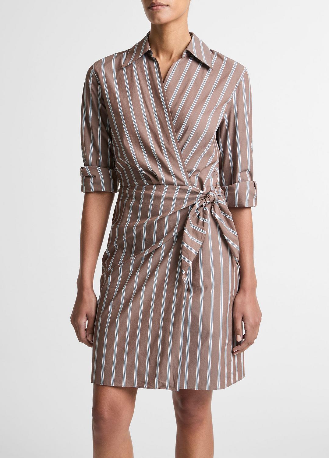 Striped Cotton-Blend Wrap Dress in Dresses BROWN MULTI | VINCE Women