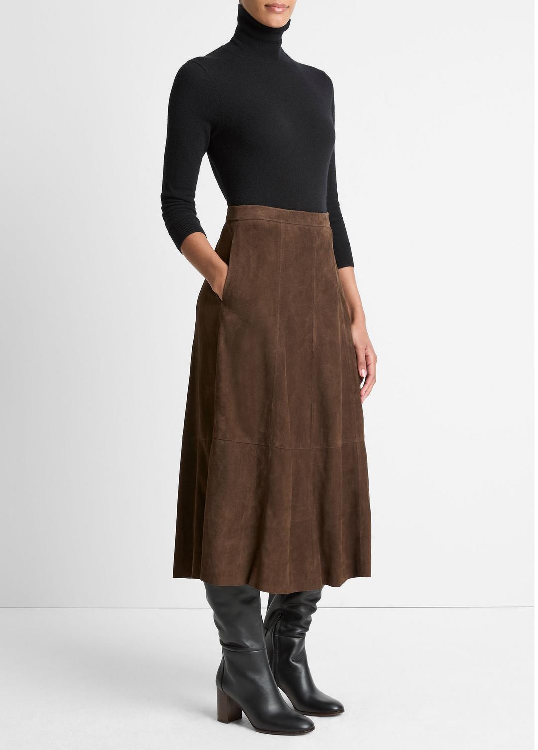 Suede Mid-Rise Flared Skirt in Skirts DEEP ESPRESSO | VINCE Women