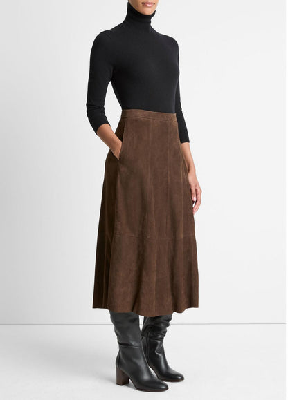 Suede Mid-Rise Flared Skirt in Skirts DEEP ESPRESSO | VINCE Women