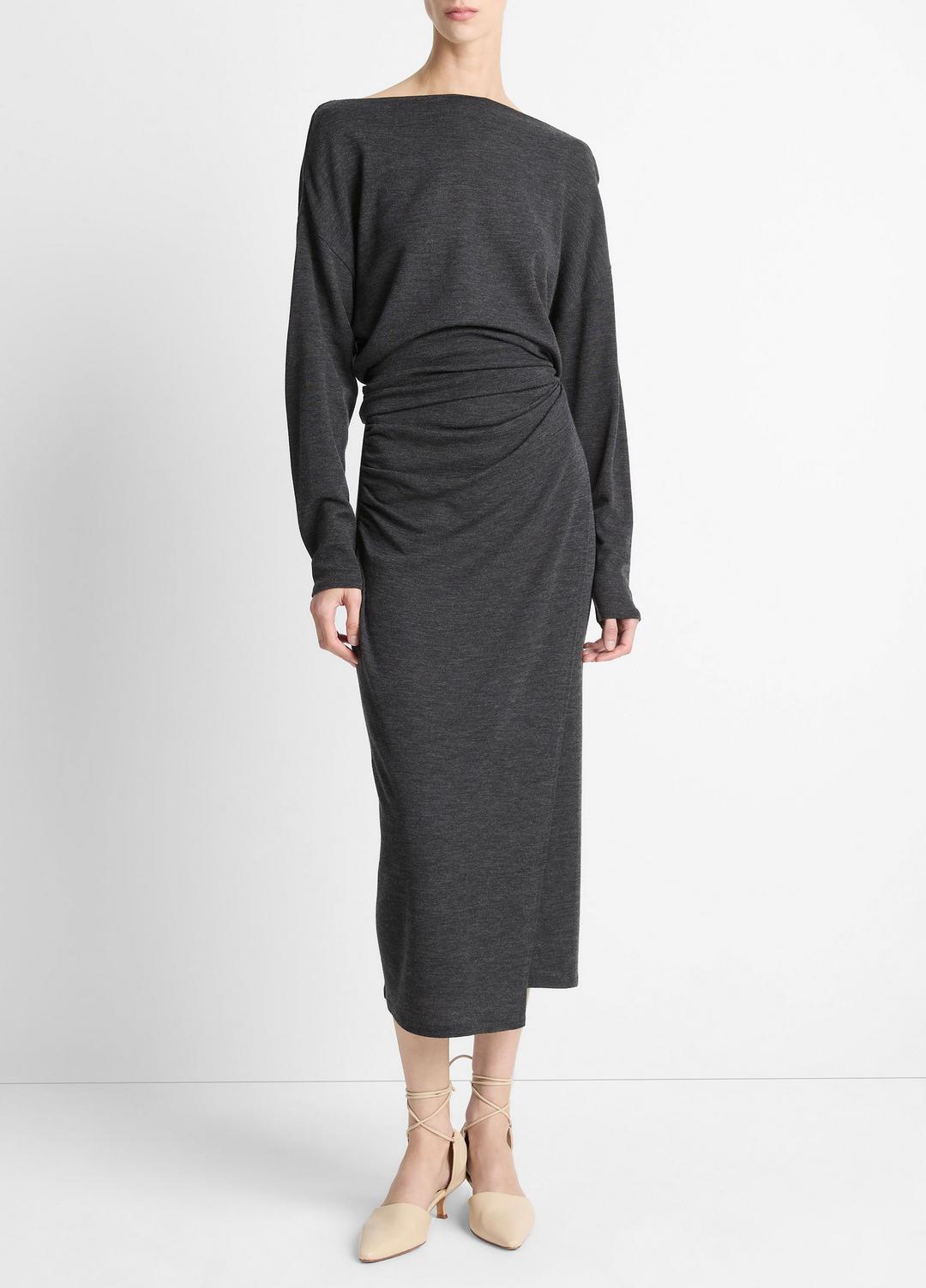Draped-Waist Wool-Blend Midi Skirt in Skirts DARK HEATHER GREY | VINCE Women
