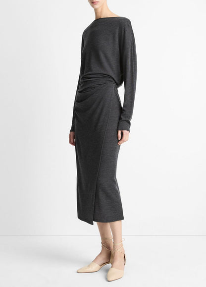 Draped-Waist Wool-Blend Midi Skirt in Skirts DARK HEATHER GREY | VINCE Women