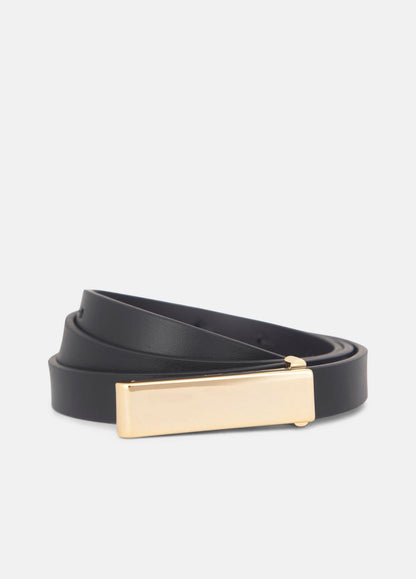 Women's 15mm Elongated Plaque Leather Belt in Belts BLACK/POLISHED GOLD | VINCE Women