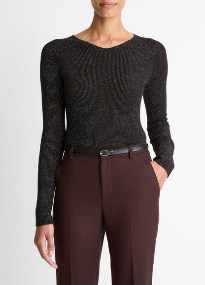 Metallic Ribbed High V-Neck Sweater in Vince Products Women BLACK METALLIC | VINCE Women