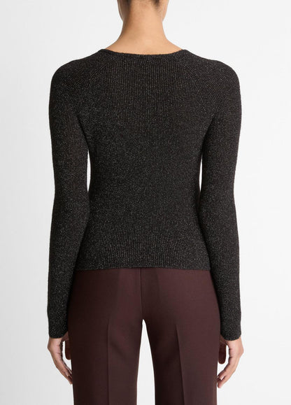 Metallic Ribbed High V-Neck Sweater in Vince Products Women BLACK METALLIC | VINCE Women
