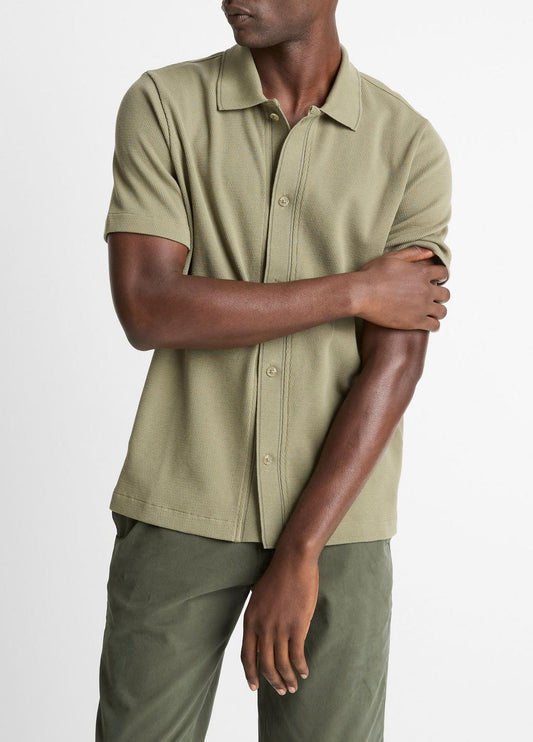 Jacquard-Knit Cotton Short-Sleeve Button-Front Shirt in Short Sleeve SAGE/SYCAMORE | VINCE Men