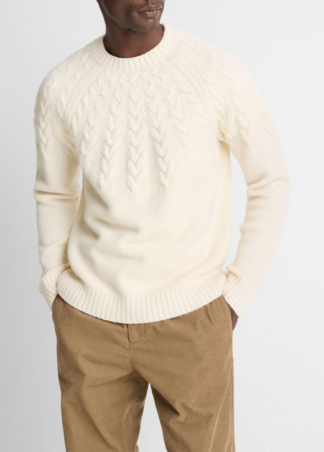 Airspun Merino Wool Cable-Yoke Sweater in Crew Neck LIGHT DUNE | VINCE Men