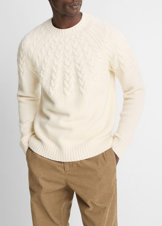 Airspun Merino Wool Cable-Yoke Sweater in Crew Neck LIGHT DUNE | VINCE Men