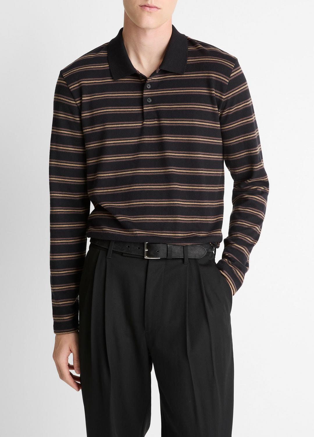 Striped Cotton-Blend Long-Sleeve Polo Shirt in Henleys & Polos BLACK COMBO | VINCE Men