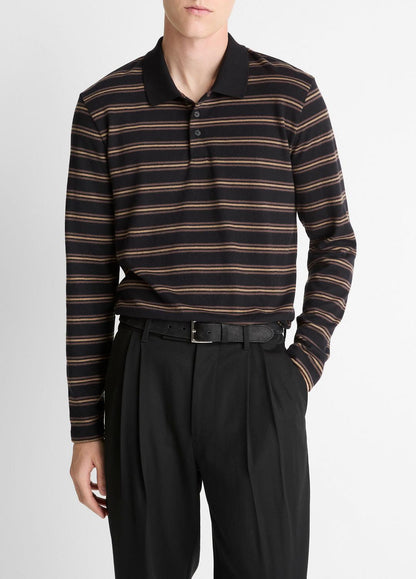 Striped Cotton-Blend Long-Sleeve Polo Shirt in Henleys & Polos BLACK COMBO | VINCE Men