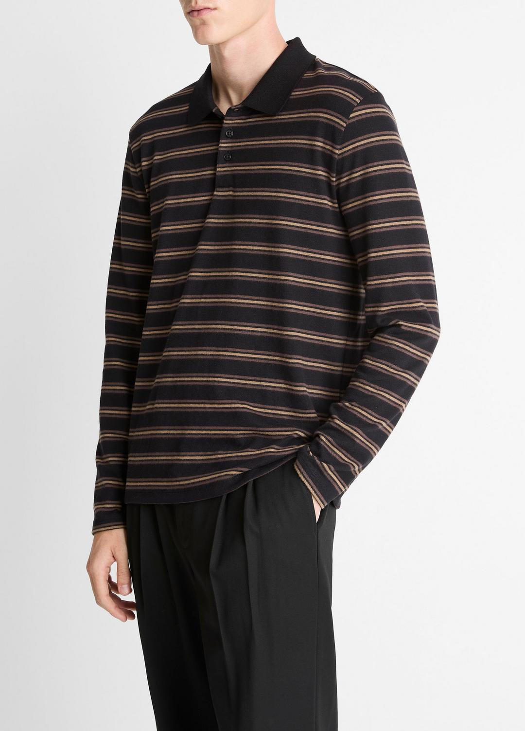 Striped Cotton-Blend Long-Sleeve Polo Shirt in Henleys & Polos BLACK COMBO | VINCE Men