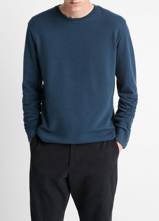 Striped Double-Knit Pima Cotton Long-Sleeve T-Shirt in Long Sleeve CLEAR LAKE/RAPIDS | VINCE Men