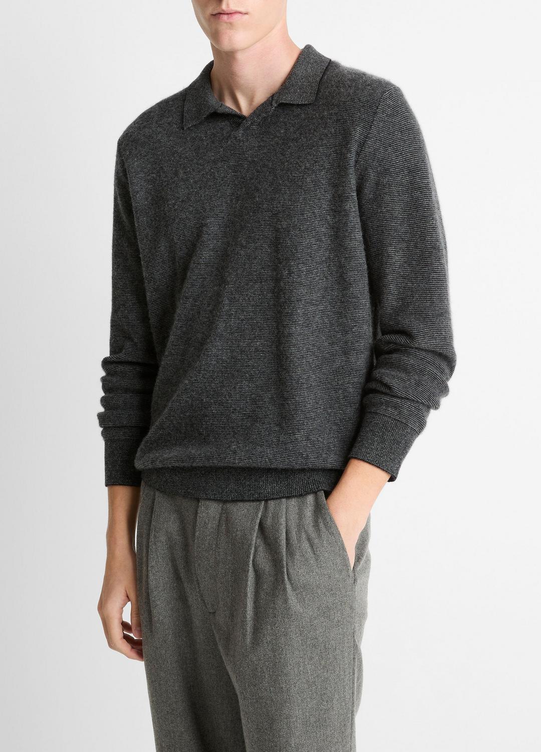 Feed Stripe Plush Cashmere Johnny-Collar Sweater in Cashmere BLACK/MEDIUM HEATHER GREY | VINCE Men